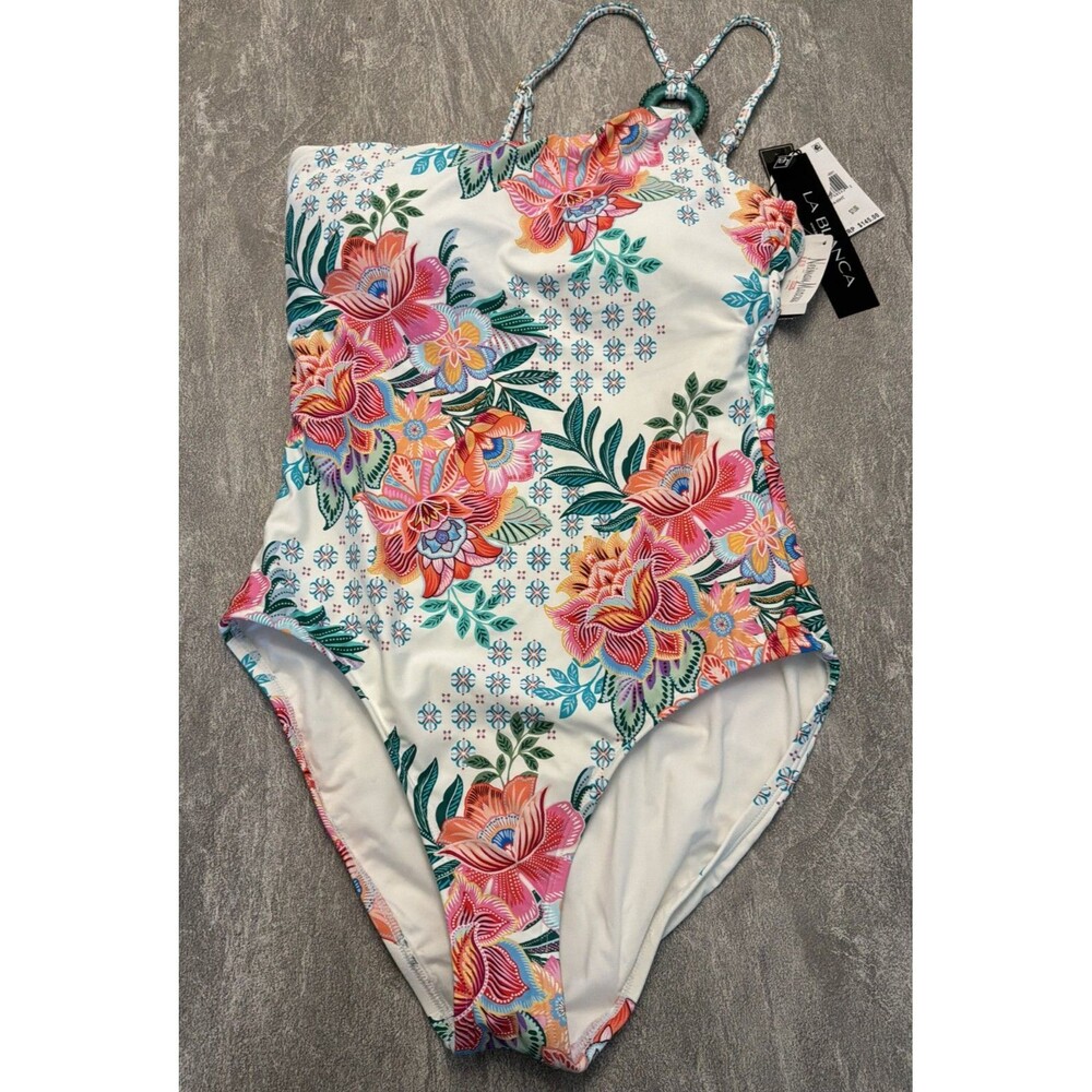 La Blanca Sz 10 M One Piece Floral Cruise Beach Resort Vacation UPF 50 Coverage